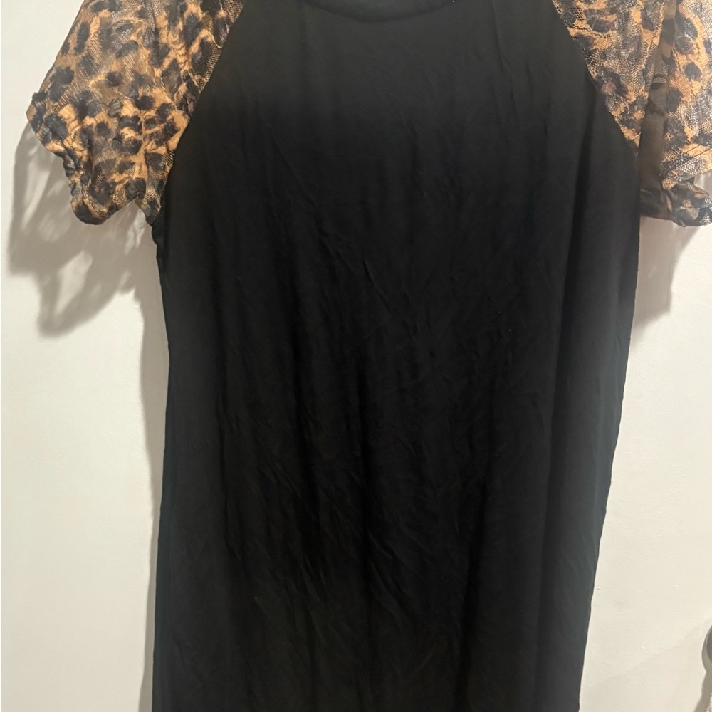 Crazy Train Black Midi Dress with Leopard Sleeves